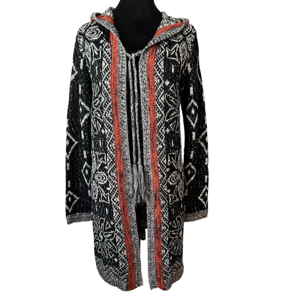 •Mystree Open Front Sweater Cardigan. Sz M. Black & white, burnt orange a…
